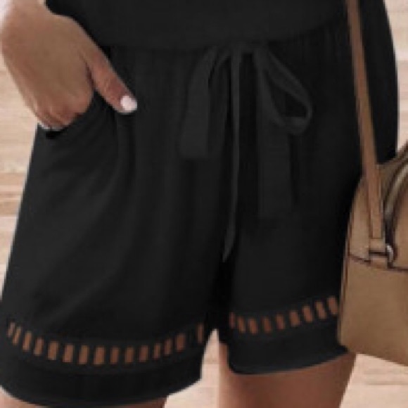 Formal Deep V Neck W/ Button Designs Elastic  Waist Belt W/ Pockets Black Romper - Picture 3 of 12